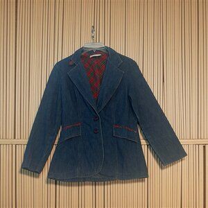 Vintage 70's Tom Boy of California Blue Denim Red Plaid  S Blazer Size Retro